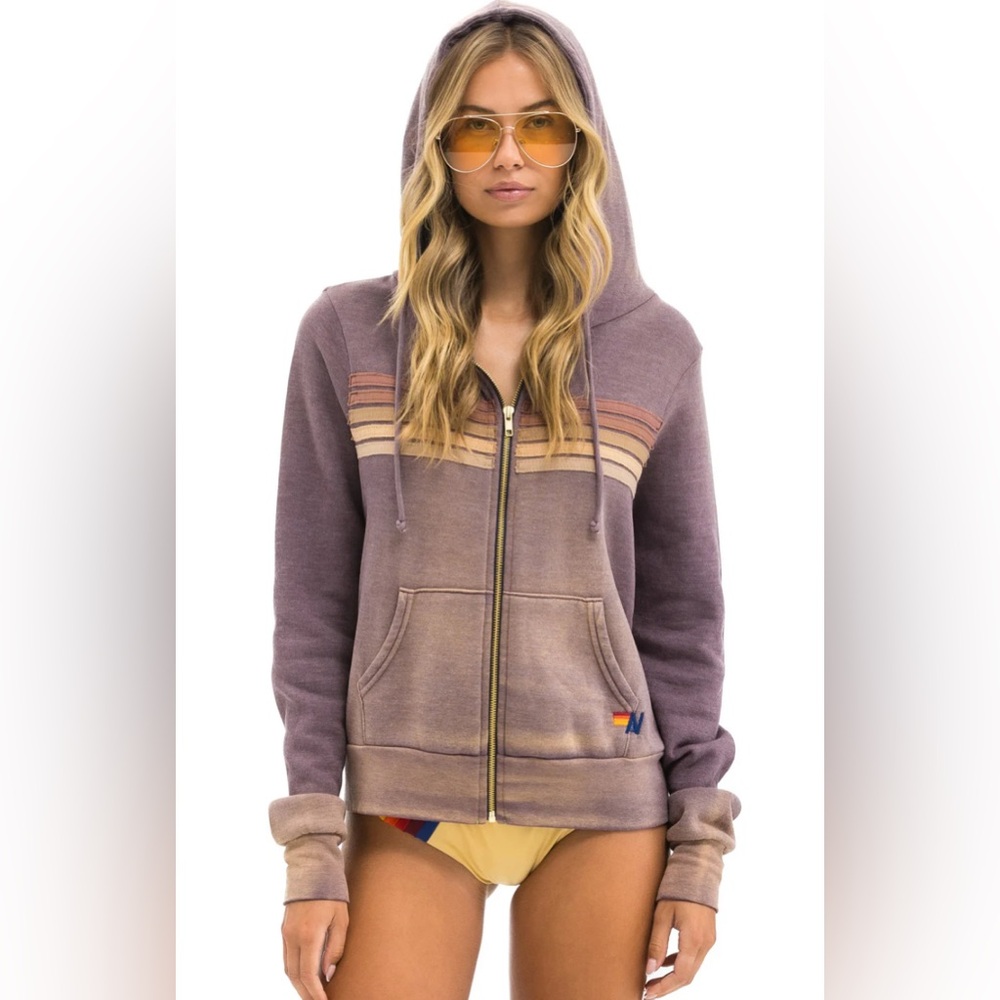 Aviator Nation 5 STRIPE HOODIE - FADED MOCHA Sz Medium